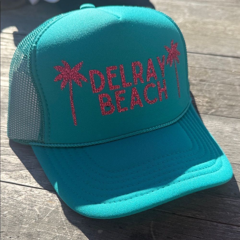 Teal Delray Beach Trucker Hat BRAND NEW Pink Glitter Font Snap Back Mesh Back